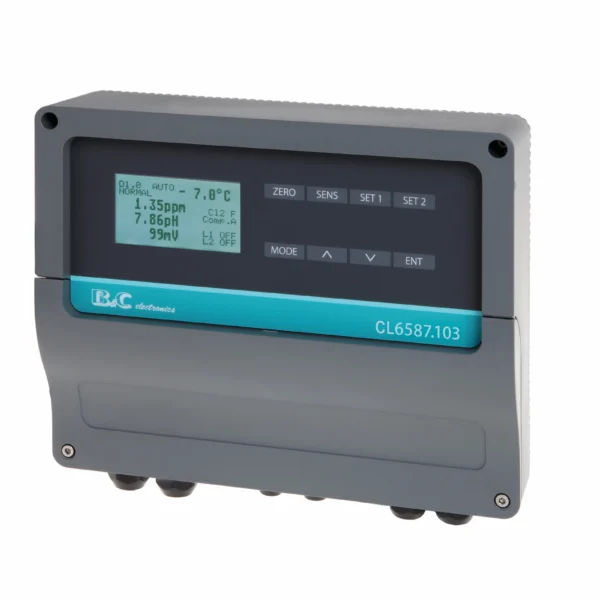 Controlador/Transmisor de Cloro libre, Dióxido de Cloro y Ozono + pH + ORP y Temperatura con Salida Digital RS-485 CL 6587.103 B&C Electronics
